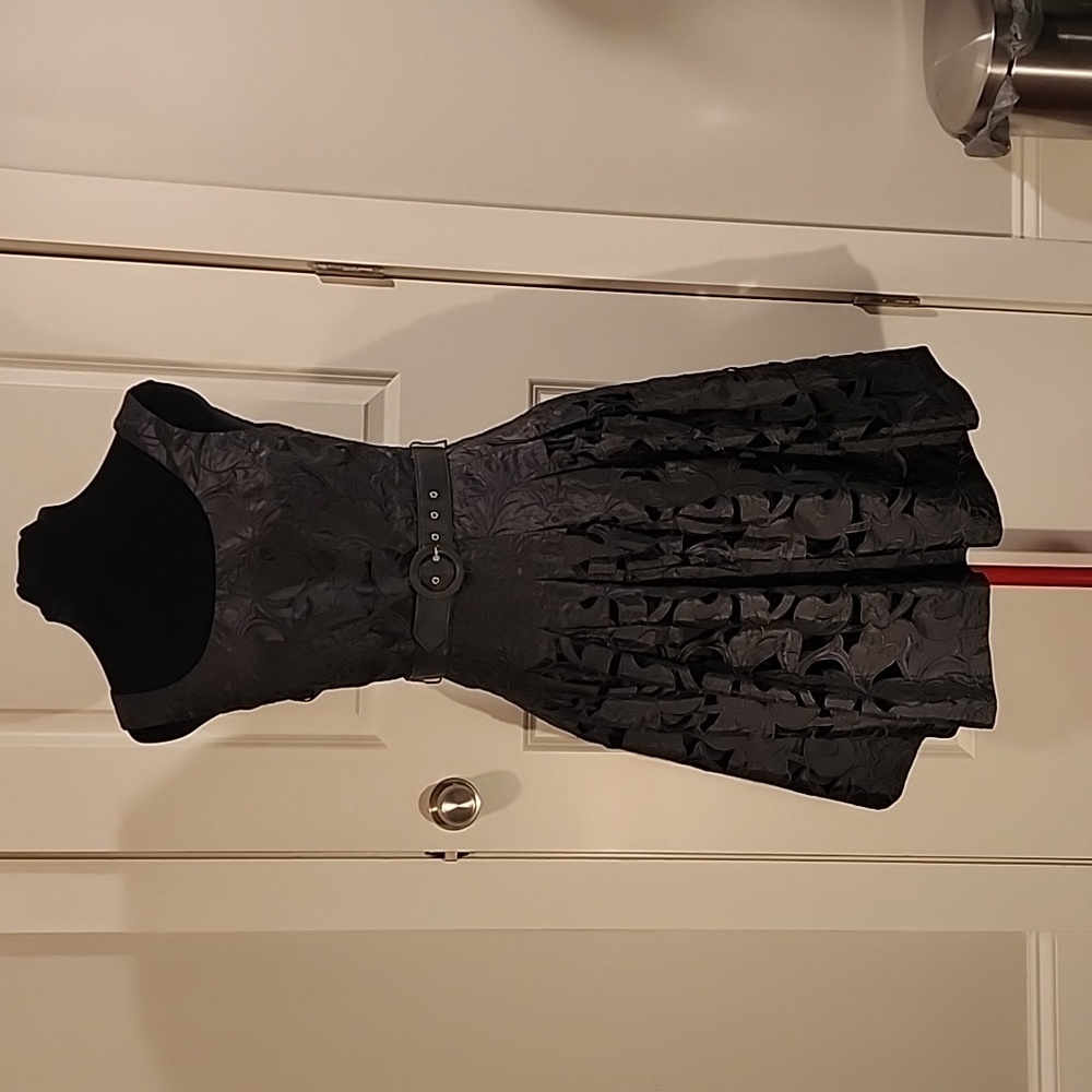Black Satin Brocade Cut-out Mini Dress, Betsey Johnson, size 8